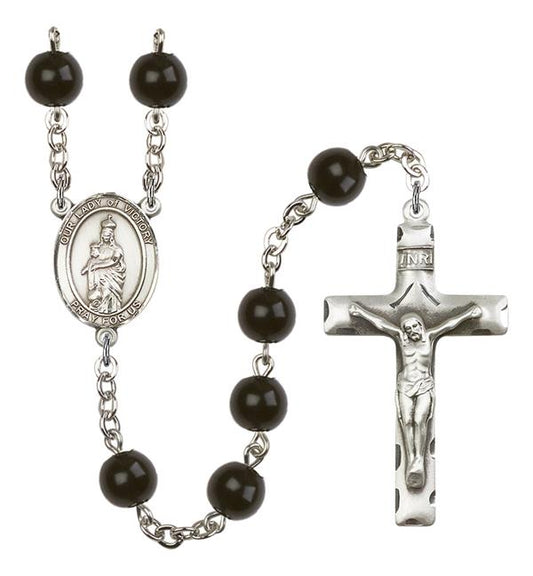 Our Lady of Victory Rosary, 7mm Black Onyx Beads, Silver Plate, # 14216