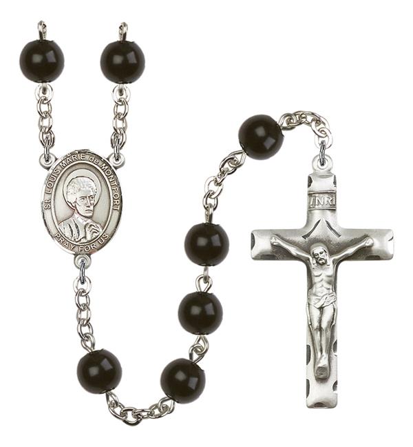 St. Louis Marie de Montfort Rosary, 7mm Black Onyx Beads, Silver Plate, # 14242