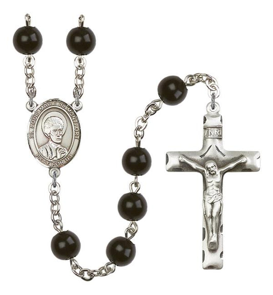 St. Louis Marie de Montfort Rosary, 7mm Black Onyx Beads, Silver Plate, # 14242