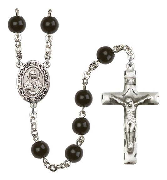 Corazon Inmaculado de Maria Spanish Rosary, 7mm Black Onyx Beads, Silver Plate, # 14256