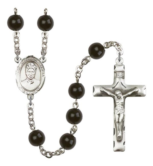 St. Josephine Bakhita Rosary, 7mm Black Onyx Beads, Silver Plate, # 14282