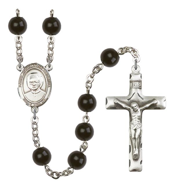St. Josemaria Escriva Rosary, 7mm Black Onyx Beads, Silver Plate, # 14284