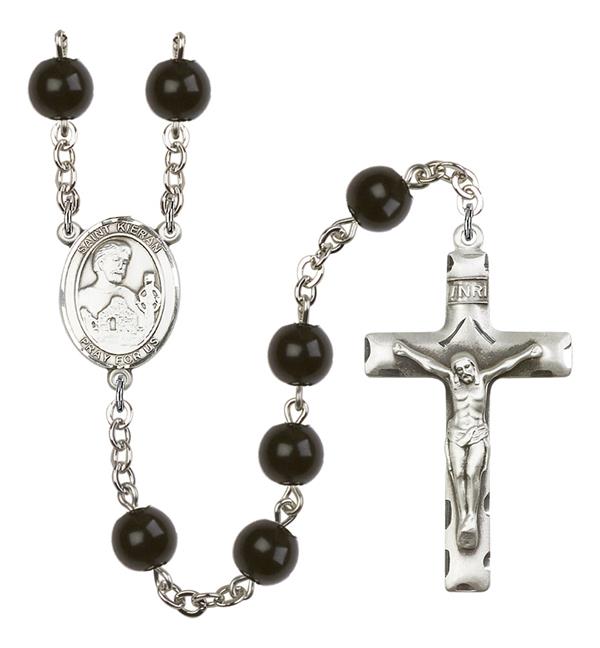 St. Kieran Rosary, 7mm Black Onyx Beads, Silver Plate, # 14290