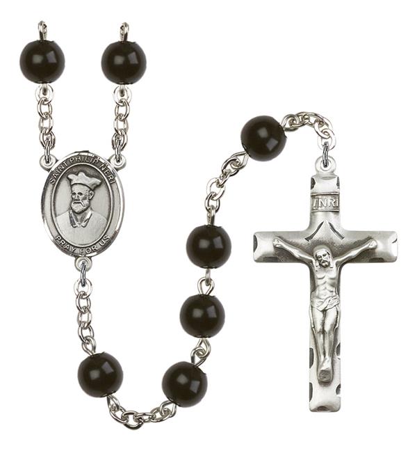 St. Philip Neri Rosary, 7mm Black Onyx Beads, Silver Plate, # 14292