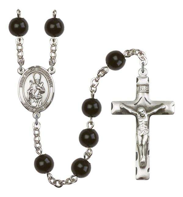 St. Simon the Apostle Rosary, 7mm Black Onyx Beads, Silver Plate, # 14298