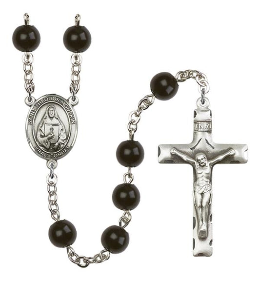 St. Theodora Rosary, 7mm Black Onyx Beads, Silver Plate, # 14305