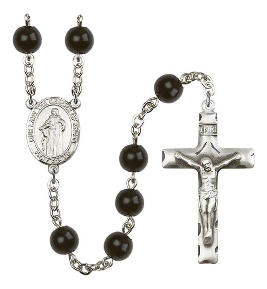 Our Lady Undoer of Knots Rosary, 7mm Black Onyx Beads, Silver Plate, # 14306