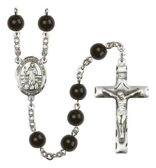 St. Bernadine of Sienna Rosary, 7mm Black Onyx Beads, Silver Plate, # 14310