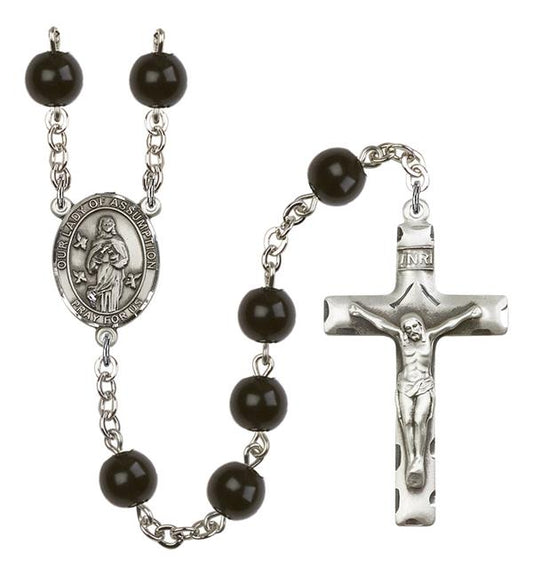 Our Lady of the Assumption Rosary, 7mm Black Onyx Beads, Silver Plate, # 14311
