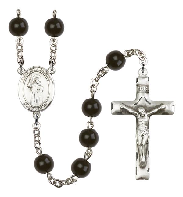 St. Columbkille Rosary, 7mm Black Onyx Beads, Silver Plate, # 14321