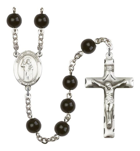 St. Columbkille Rosary, 7mm Black Onyx Beads, Silver Plate, # 14321