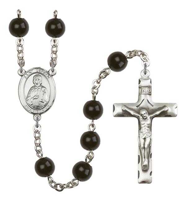 St. Gerald Rosary, 7mm Black Onyx Beads, Silver Plate, # 14326