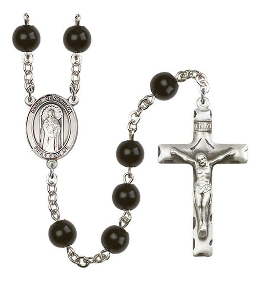St. Seraphina Rosary, 7mm Black Onyx Beads, Silver Plate, # 14327