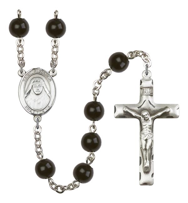 St. Alphonsa of India Rosary, 7mm Black Onyx Beads, Silver Plate, # 14328