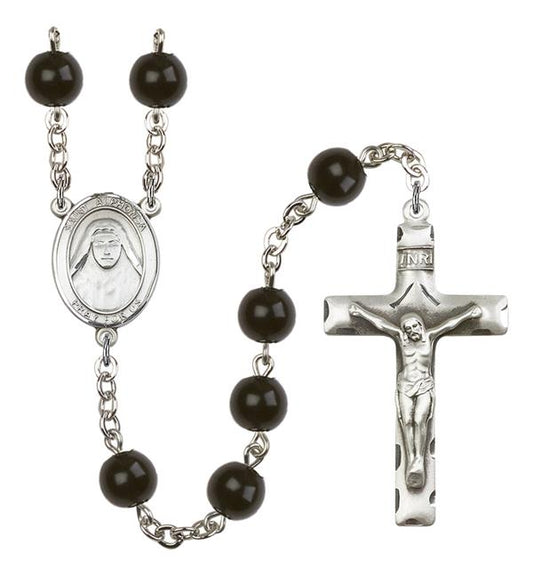 St. Alphonsa of India Rosary, 7mm Black Onyx Beads, Silver Plate, # 14328