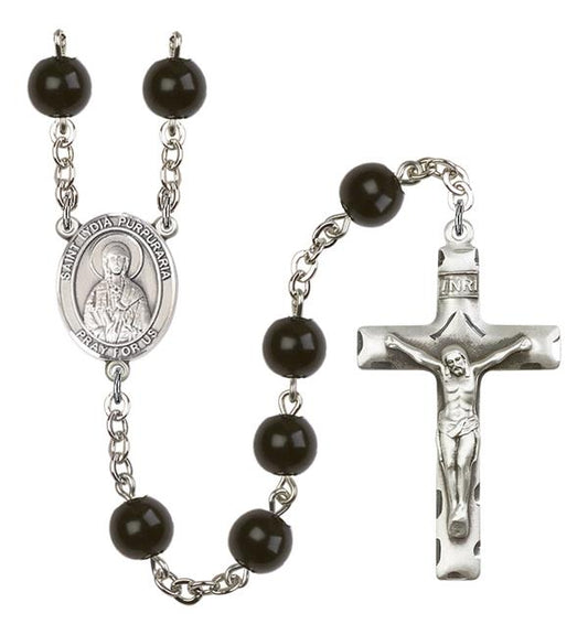St. Lydia Purpuraria Rosary, 7mm Black Onyx Beads, Silver Plate, # 14333