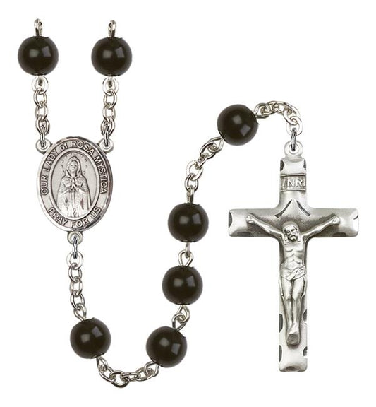 Our Lady of Rosa Mystica Rosary, 7mm Black Onyx Beads, Silver Plate, # 14335