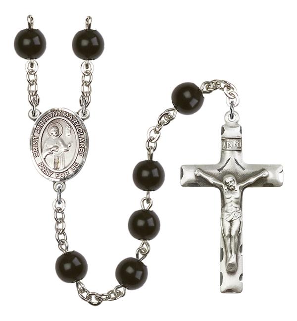 St. Anthony Mary Claret Rosary, 7mm Black Onyx Beads, Silver Plate, # 14339