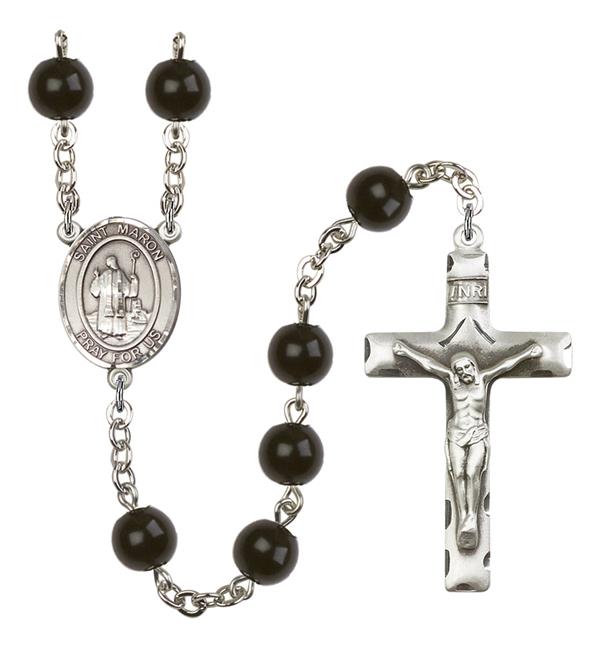 St. Maron Rosary, 7mm Black Onyx Beads, Silver Plate, # 14340