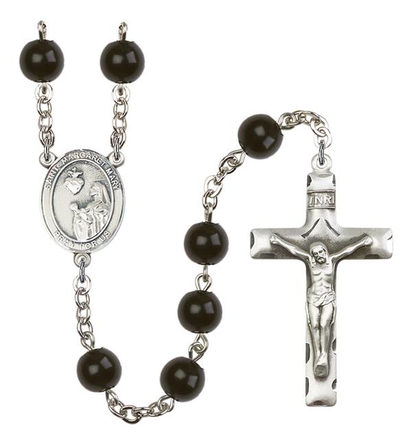 St. Margaret Mary Alacoque Rosary, 7mm Black Onyx Beads, Silver Plate, # 14343