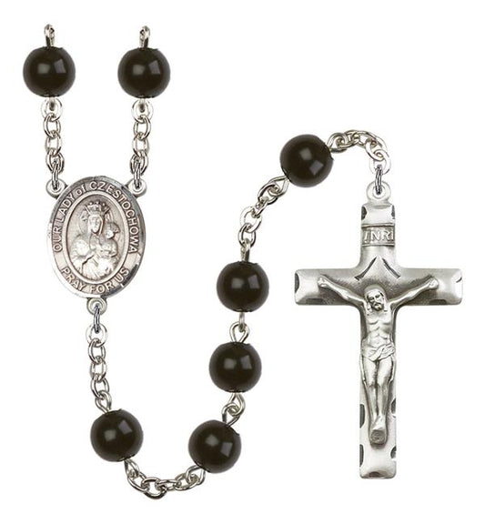 Our Lady of Czestochowa Rosary, 7mm Black Onyx Beads, Silver Plate, # 14344