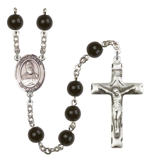 St. Fabian Rosary, 7mm Black Onyx Beads, Silver Plate, # 14350