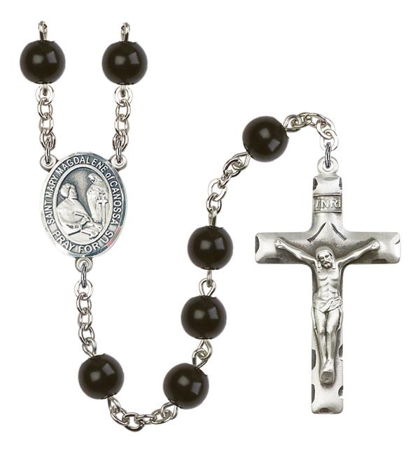 St. Mary Magdalene of Canossa Rosary, 7mm Black Onyx Beads, Silver Plate, # 14352