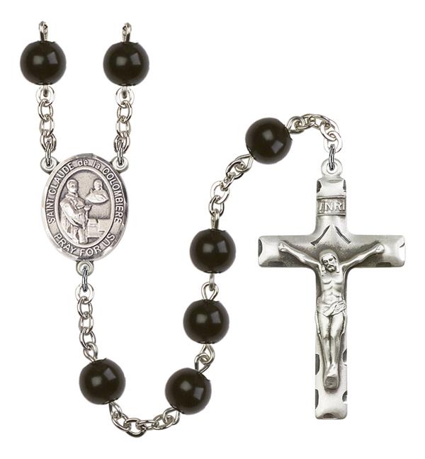 St. Claude de la Colombiere Rosary, 7mm Black Onyx Beads, Silver Plate, # 14355