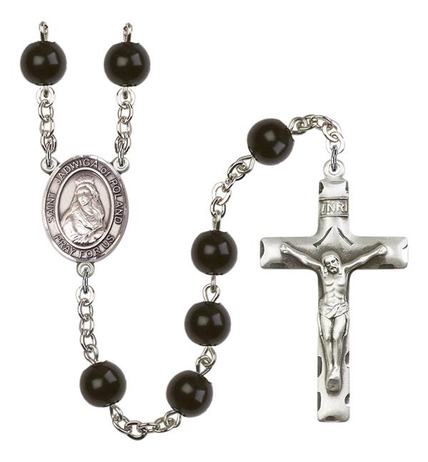 St. Jadwiga of Poland Rosary, 7mm Black Onyx Beads, Silver Plate, # 14356