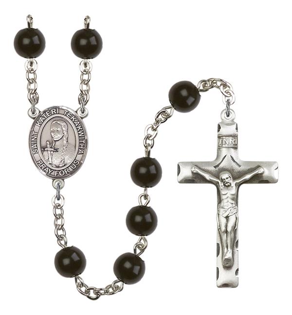 St. Kateri Tekakwitha Rosary, 7mm Black Onyx Beads, Silver Plate, # 14358