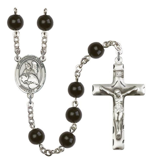 Guardian Angel Protector Rosary, 7mm Black Onyx Beads, Silver Plate, # 14360