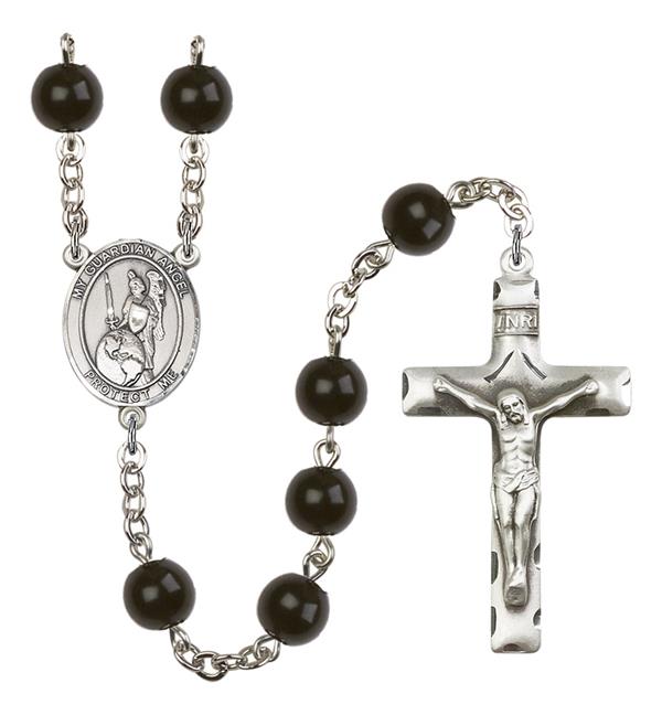 Guardian Angel of the World Rosary, 7mm Black Onyx Beads, Silver Plate, # 14361
