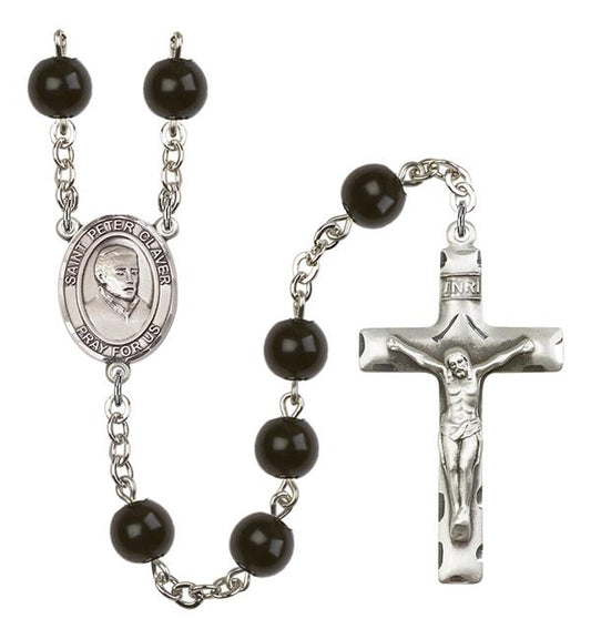 St. Peter Claver Rosary, 7mm Black Onyx Beads, Silver Plate, # 14362