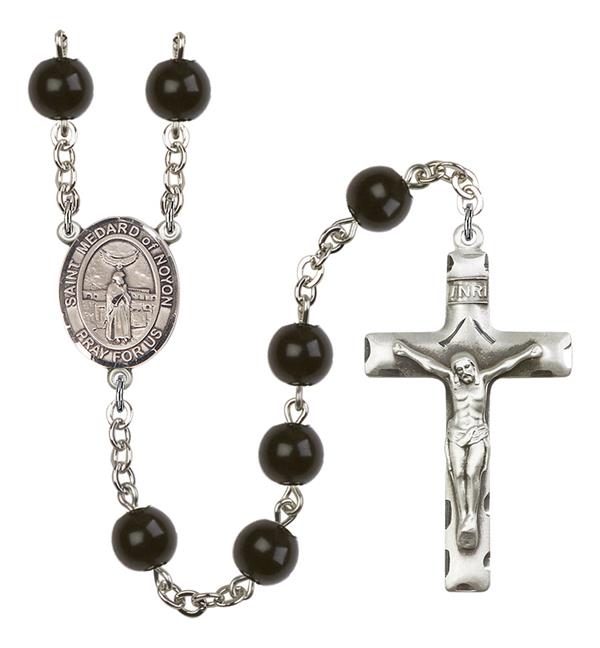 St. Medard of Noyon Rosary, 7mm Black Onyx Beads, Silver Plate, # 14364