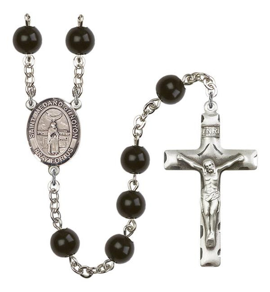 St. Medard of Noyon Rosary, 7mm Black Onyx Beads, Silver Plate, # 14364