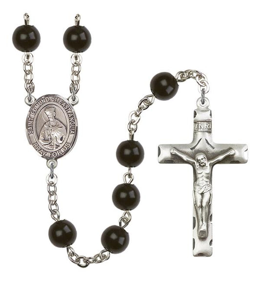 St. Edmund of East Anglia Rosary, 7mm Black Onyx Beads, Silver Plate, # 14365