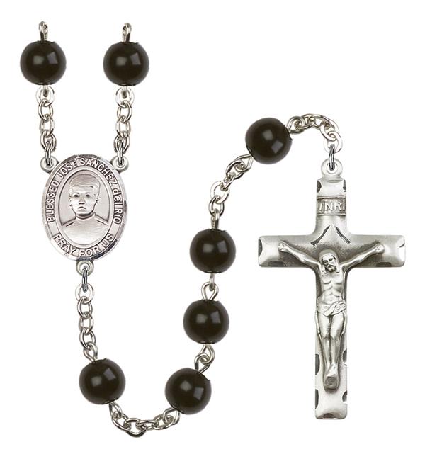 St. Jose Luis Sanchez Del Rio Rosary, 7mm Black Onyx Beads, Silver Plate, # 14366