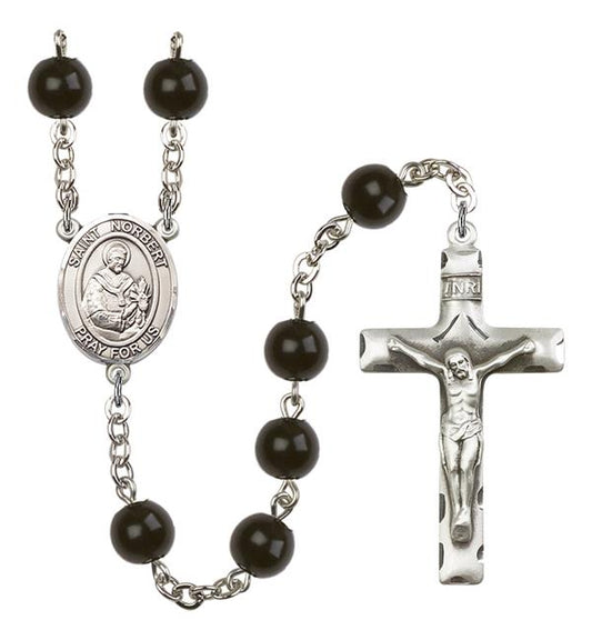 St. Norbert of Xanten Rosary, 7mm Black Onyx Beads, Silver Plate, # 14367