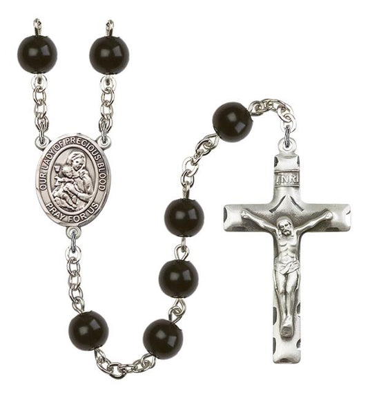 Our Lady of the Precious Blood Rosary, 7mm Black Onyx Beads, Silver Plate, # 14368