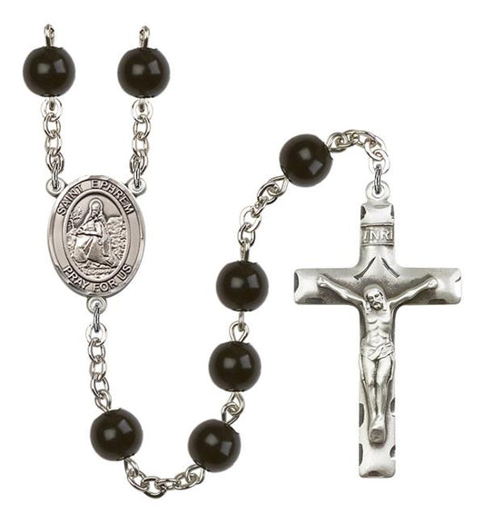 St. Ephrem Rosary, 7mm Black Onyx Beads, Silver Plate, # 14369