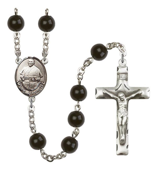Pope Francis Rosary, 7mm Black Onyx Beads, Silver Plate, # 14371