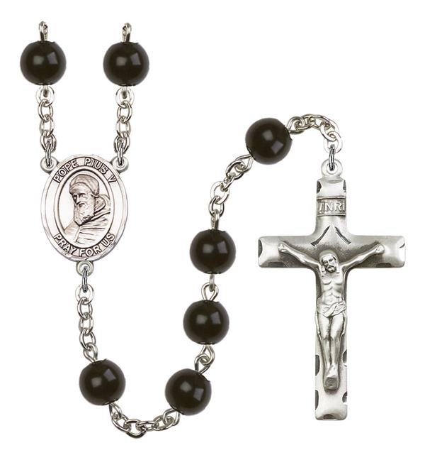 Pope Pius V Rosary, 7mm Black Onyx Beads, Silver Plate, # 14372