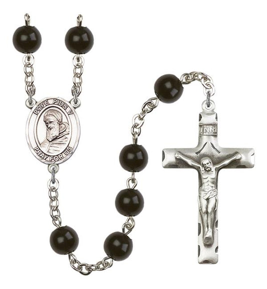 Pope Pius V Rosary, 7mm Black Onyx Beads, Silver Plate, # 14372