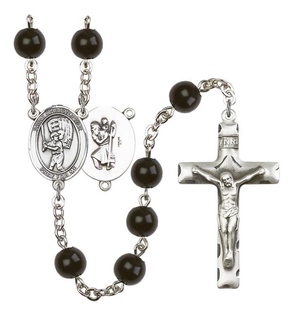 St. Christopher / Baseball Rosary, 7mm Black Onyx Beads, Silver Plate, # 14374