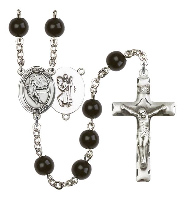 St. Christopher / Hockey Rosary, 7mm Black Onyx Beads, Silver Plate, # 14378