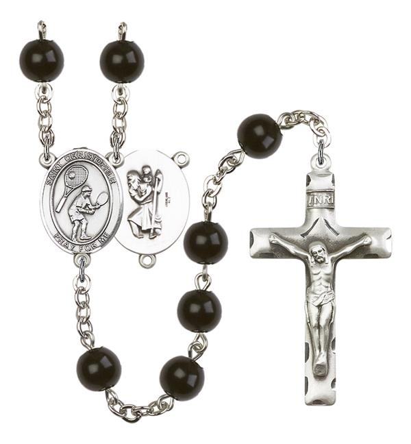 St. Christopher / Tennis Rosary, 7mm Black Onyx Beads, Silver Plate, # 14379