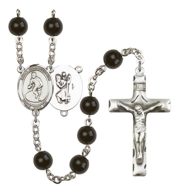 St. Christopher / Wrestling Rosary, 7mm Black Onyx Beads, Silver Plate, # 14382
