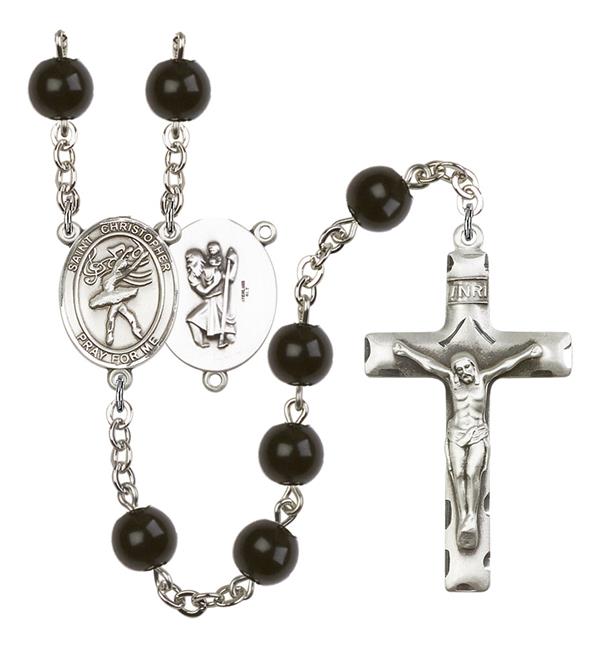 St. Christopher / Dance Rosary, 7mm Black Onyx Beads, Silver Plate, # 14386