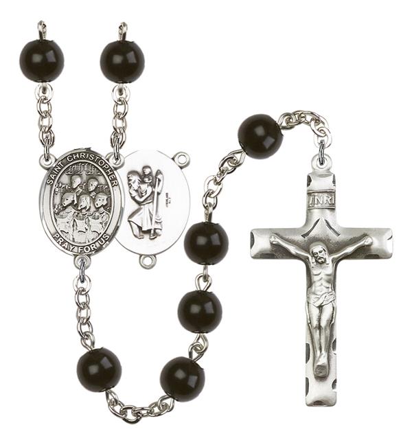 St. Christopher / Choir Rosary, 7mm Black Onyx Beads, Silver Plate, # 14388