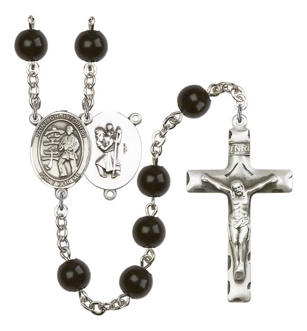 St. Christopher / Karate Rosary, 7mm Black Onyx Beads, Silver Plate, # 14389